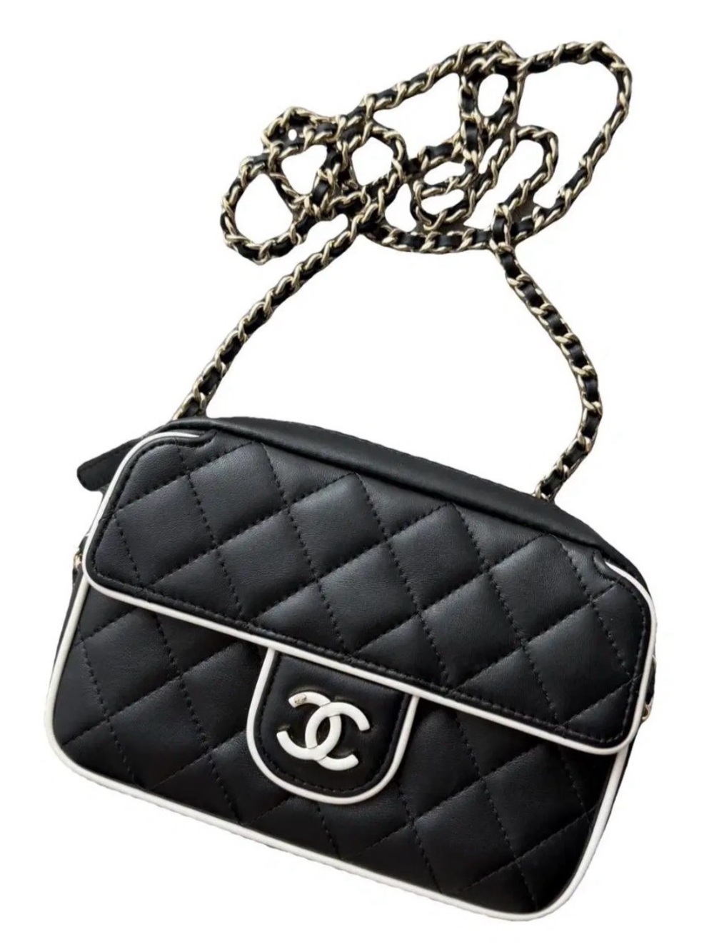 CHANEL Camera Bag Crossbody  Black Quilted with White Trim and Gold hardware